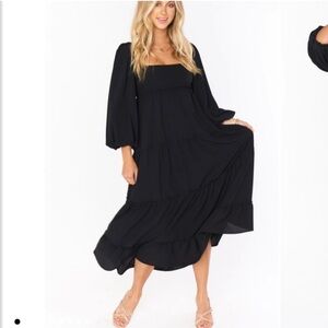 Womens Show Me Your MuMu Elaina Midi Dress Black Smocked Long Sleeve Sun…